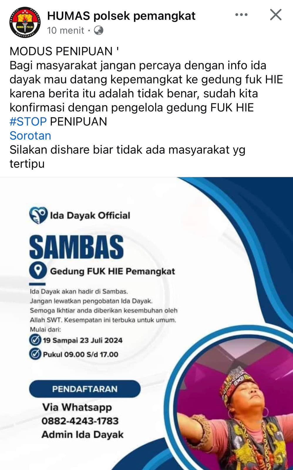 Pernyataan Humas Polsek Pemangkat Terhadap Penipuan Ida Dayak